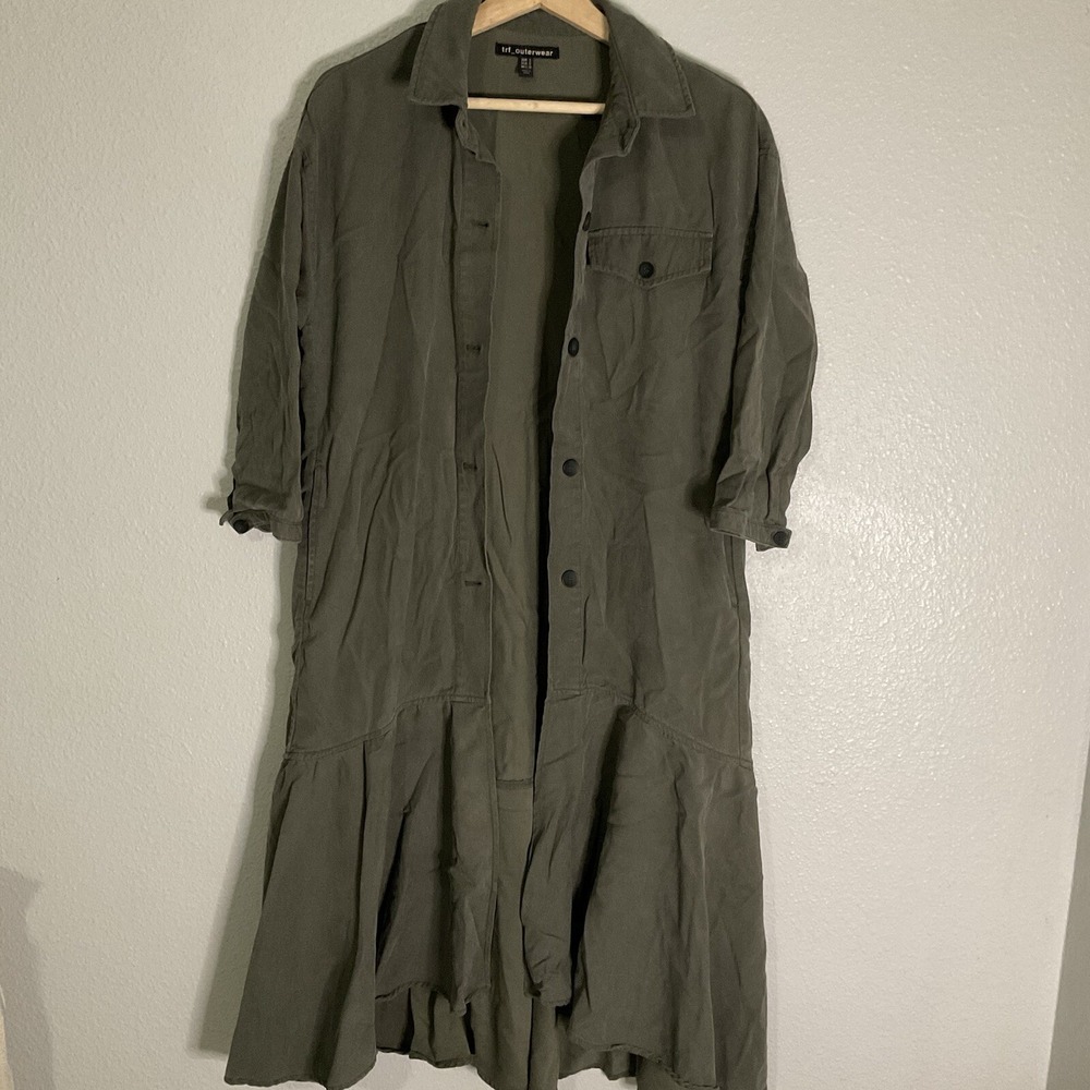 ZARA‎ Trafaluc TRF Olive Oversized Shirt Dress w/ Frill Ruffle Small Lagenlook